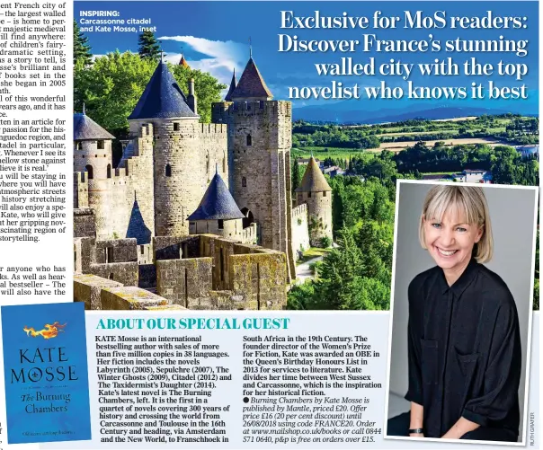  ??  ?? INSPIRING: Carcassonn­e citadel and Kate Mosse, inset