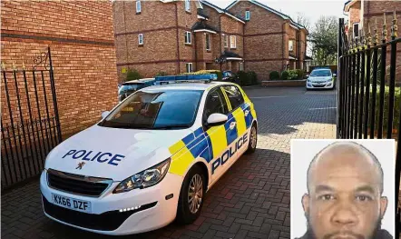  ??  ?? Thorough probe: A police car leaving a gated housing estate in West Didsbury, north west England connected to Masood (inset). It was raided overnight by anti-terror police.