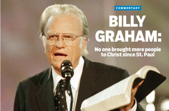  ?? ASSOCIATED PRESS FILE PHOTO BY RICK HAVNER ?? The Rev. Billy Graham reads from the Bible during the third night of the Carolinas Billy Graham Crusade at Ericsson Stadium in Charlotte, N.C., in 1996.