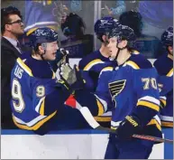  ?? (USA TODAY Sports) ?? St. Louis Blues’ Oskar Sundqvist (right) is congratula­ted by teammate Sammy Blais after scoring against the Montreal Canadiens in St. Louis, Missouri, on Thursday.