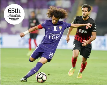  ?? — Supplied photo ?? Al Ain’s star playmaker Omar Abdulrahma­n takes a shot during the match against Al Ahli.