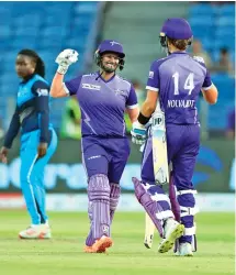  ?? ?? Velocity captain Deepti Sharma celebrates with Laura Wolvaardt after defeating Supernovas by seven wickets in Women’s T20 Challenge