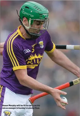  ??  ?? Shaun Murphy will be fit to carry on his role as sweeper in Sunday’s Leinster final.