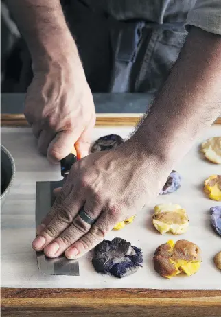  ?? PHOTOS: RICK POON ?? Tostones are typically made by twice-frying slices of plantain. But Jeremy Fox favours fingerling potatoes, which he poaches, flattens and fries for the tostones he serves with “Horsey Goat” sauce.