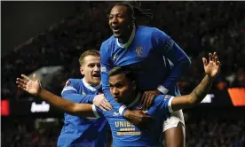  ?? Prague. Photograph: Andrew Milligan/PA ?? Alfredo Morelos celebrates after his double seals victory for Rangers against Sparta