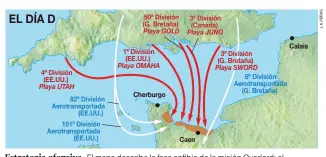  ??  ?? Estrategia ofensiva. El mapa describe la fase anfibia de la misión Overlord: el desembarco por mar (líneas rojas) y la operación aerotransp­ortada (líneas blancas).