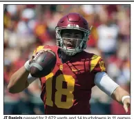  ?? (AP file photo) ?? JT Daniels passed for 2,672 yards and 14 touchdowns in 11 games as a true freshman at Southern California in 2018. He suffered a season-ending injury in USC’s opener last season, then transferre­d to Georgia.
