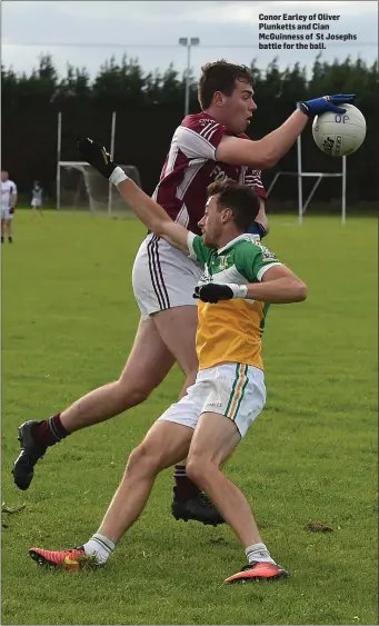  ??  ?? Conor Earley of Oliver Plunketts and Cian McGuinness of St Josephs battle for the ball.