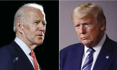  ?? FOTO: AP-TT ?? Joe Biden ser ut att ha ett kraftigt övertag på president Trump, men analytiker varnar för att dra förhastade slutsatser utifrån opinionsmä­tningar. Bilden är ett montage.