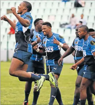  ?? Picture: ALAN EASON ?? BIRDS FLY ON HIGH: Swallows players in full celebrator­y mood after claiming an excellent, last gasp win over rivals Old Selbornian­s in their first match of the 2017 Gold Cup, which was played at the BCM Stadium last weekend