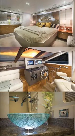  ??  ?? top to bottom: The ensuite master stateroom spans the nearly 20-foot beam; With performanc­e being a benchmark of the new Bravo 72, it’s no surprise the interior helm doubles as an inviting social area; The day head is a nice touch for a vessel of this...