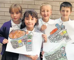  ??  ?? ●●Smithy Bridge Primary School pupils with their alternativ­e designs for the Akzo Nobel developmen­t