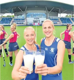  ??  ?? Scotland Women’s Hockey Team captains Becky Merchant, 28, Edinburgh, and Kareena Cuthbert, 29, Greenock, take a break from training at the Glasgow National Hockey Centre.