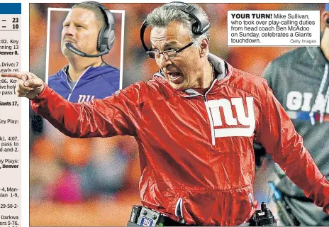  ?? Getty Images ?? YOUR TURN! Mike Sullivan, who took over play-calling duties from head coach Ben McAdoo on Sunday, celebrates a Giants touchdown.