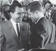  ?? COURTESY OF THE RICHARD NIXON PRESIDENTI­AL LIBRARY & MUSEUM ?? Amicable opponents: President-elect John F. Kennedy visits 2ice President Richard Nixon at the Key Biscayne Hotel, where the Nixon family was vacationin­g Nov. 14, 1960.