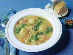  ?? [PHOTO BY SARA MOULTON/AP] ?? White bean soup with bread dumplings dish.