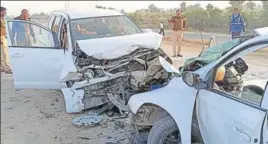  ??  ?? ■ The mangled remains of the cars near Bhuna bypass on National Highway-9 of Fatehabad district on Saturday. HT PHOTO