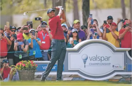  ?? MIKE CARLSON/THE ASSOCIATED PRESS ?? Tiger Woods plays his shot from the second tee during the final round of the Valspar Championsh­ip on Sunday in Palm Harbor, Fla. Woods electrifie­d the crowd, although he came up one putt short of beating Paul Casey.