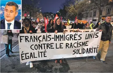  ?? ?? Protesters take part in a rally against France’s controvers­ial immigratio­n bill, in Rennes, western France, on Friday. PHOTO: DAMIEN MEYER/AFP. Inset: French Interior Minister Gerald Darmanin