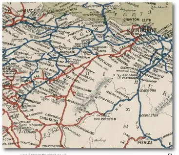  ?? W S Sellar Collection ?? A Railway Clearing House map of 1907 gives a post-Forth Bridge overview of public railways west of Edinburgh and thus sees significan­t
NBR change, while the Caledonian network has grown to include two new branches in the Edinburgh vicinity – one goods only, but additional­ly an upgraded Leith line was now in CR passenger timetables too. A wider vista allows the full route to Carstairs to be seen (27½ miles south-west of Edinburgh), with Lanark just beyond as a terminatin­g point, and the route west via Shotts and on towards Glasgow. Finally, ‘hidden’ thanks to running rights over NB metals is that to Larbert
(28 miles) from Edinburgh via Polmont, where the Carlisle/Glasgow to Stirling and Perth main line is met, thus aiding links to Dundee, Oban and Aberdeen.