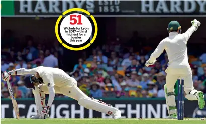  ?? AFP ?? Wickets for Lyon in 2017 — third highest for a bowler this year England’s batsman Moeen Ali (left) is stumped by Australia’s wicketkeep­er Tim Paine off the spin of bowler Nathan Lyon. —