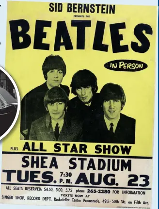  ??  ?? Beatles For Sale...the 1966 Shea poster. Left, wowing 55,000 fans at the stadium a year earlier