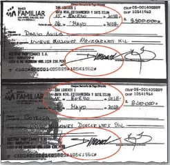  ??  ?? La firma del entonces diputado Dany Durand en cheques emitidos por Mocipar en enero de 2018.