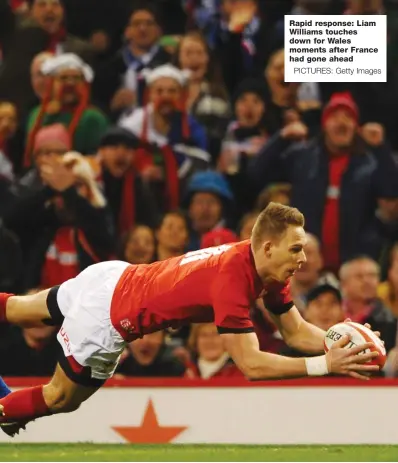  ?? PICTURES: Getty Images ?? Rapid response: Liam Williams touches down for Wales moments after France had gone ahead