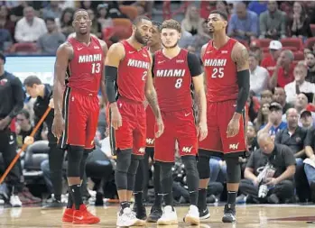  ?? JOEL AUERBACH/AP ?? Guards Wayne Ellington (2) and Tyler Johnson (8) will miss Saturday’s game against the Lakers.