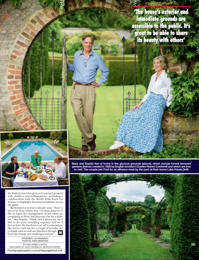  ??  ?? Mark and Sophie feel at home in the glorious grounds (above), which include formal terraced gardens (below) created in 1826 by English architect Charles Robert Cockerell and which are free
to visit. The couple join Fred for an alfresco meal by the pool at their home Lake House (left)