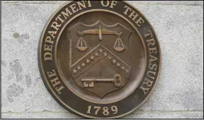  ?? ASSOCIATED PRESS ?? The Department of the Treasury’s seal outside the Treasury Department building, on May 4, 2021, in Washington.