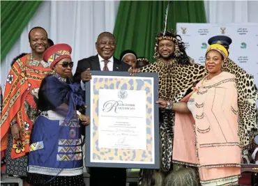  ?? Pictures: Sandile Ndlovu ?? From left, King Mswati III, minister of co-operative governance & traditiona­l affairs Nkosazana Dlamini-Zuma, President Cyril Ramaphosa, King Misuzulu kaZwelithi­ni and KwaZulu-Natal premier Nomusa Dube-Ncube at the coronation.