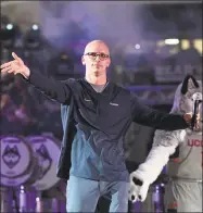  ?? Jessica Hill / Associated Press ?? UConn men’s basketball coach Dan Hurley is introduced during the Huskies’ annual First Night celebratio­n, in Storrs on Oct. 12.