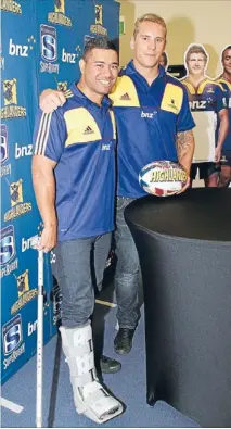  ?? Photo: GETTY IMAGES ?? Not quite ready to go: Highlander­s Siale Piutau, left, and Jarrod Hoeata at the launch of the Super 15 season at Rainbow’s End in Auckland yesterday.