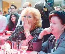  ?? — AFP ?? Party members of German Social Democrats (SPD) react after the first election polls on Schleswig-Holstein state elections at the party headquarte­r in Berlin.