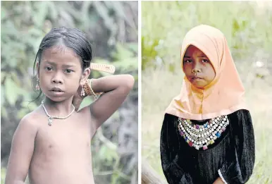  ??  ?? COVERED UP: This combo photo shows a young girl (left) from the nomadic Orang Rimba tribe and another girl wearing the Muslim hijab after her family converted to Islam, in the Batang Hari district of Jambi province.