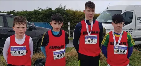  ??  ?? The Kenmare runners who won bronze club medals, and were on the Kerry team that won silver medals, at the National Juvenile ‘B’ Cross-country Championsh­ips in Clarinbrid­ge; from left: Timothy O’Donoghue, Tadgh O’Donoghue, Michael O’Reilly and Liam Palmer