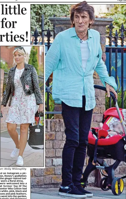  ??  ?? Guests: Russell Brand and Laura Gallacher; Holly Willoughby Feeling the pace: Ronnie Wood leaves the party pushing one of his twins