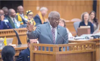  ?? EDDIE MOORE/JOURNAL ?? U.S. Rep. James Clyburn, D-S.C., speaks to a joint session of the Legislatur­e in the House chamber on Friday, which was African American Day at the New Mexico Legislatur­e.