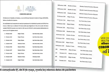  ??  ?? El comunicado 61, del 8 de mayo, revela los mismos datos de pacientes reportados en el comunicado del día anterior.