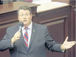  ?? STEVE CANNON/AP ?? Rep. Randy Fine, R-South Brevard County, speaks during a special session on May 19 in Tallahasse­e. Fine is the House PreK-12 Appropriat­ions chairman.