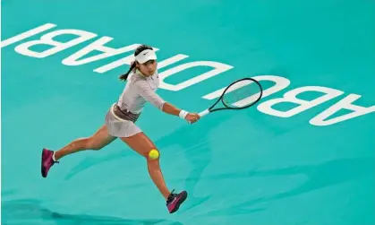  ?? ?? Emma Raducanu declared herself ‘very happy’ with her improvemen­t after winning 10 of the last 11 games against Marie Bouzkova. Photograph: Kamran Jebreili/AP