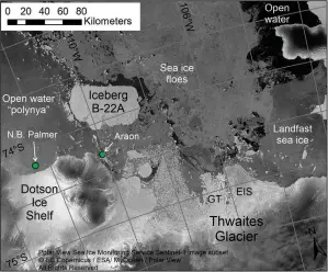  ?? (AP/ESA/British Antarctic Survey/Robert Larter) ?? This Feb. 1, 2022, satellite image from the European Space Agency, annotated by marine geophysici­st Robert Larter, shows the positions of research vessels RVIB Nathaniel B. Palmer and the RV Araon on the ice shelf areas extending from Thwaites Glacier. “EIS” indicates the Eastern Ice Shelf where a lot of work was conducted in 2020.