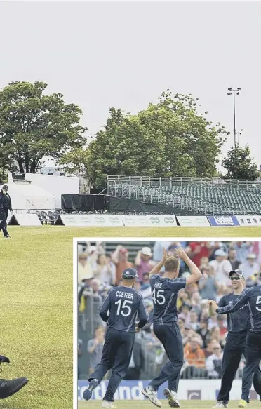  ??  ?? 2 Scotland coach Grant Bradburn still in jubilant mood at The Grange yesterday. Below, Scotland celebrate their historic six-run victory over England, the world’s No 1 one-day side, a result that went some way to compensati­ng for the agony of missing out on World Cup qualifiati­on.