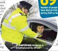  ?? ?? CLAMPDOWN Motorist is breathalys­ed by officer
