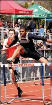  ?? ANNE NEBORAK — DIGITAL FIRST MEDIA ?? Glen Mills had quite a medal haul at Saturday’s Haverford Invitation­al, including Rami Marsh’s win in the 300 hurdles and second-place finish in the 110 high hurdles.