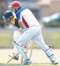  ?? Pictures: MIKE DUGDALE ?? CAUGHT SHORT: St Leonards batsman Taylor Bonner, left, is run out by Queensclif­f keeper Daniel Stott in Saturday’s clash at Len Trewin Reserve. Justin Wright, below, drives.