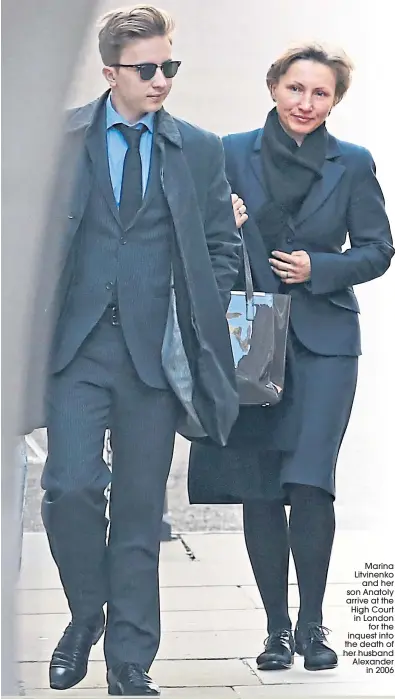  ??  ?? Marina Litvinenko and her son Anatoly arrive at the High Court in London for the inquest into the death of her husband Alexander in 2006