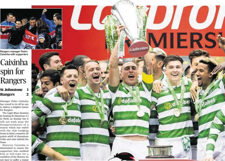  ??  ?? Rangers manager Pedro Caixinha with supporters RECORD HAULS: Celtic’s players, led by captain Scott Brown with the trophy, celebrate their Scottish Premiershi­p title success after the 2-0 win against Hearts, which
