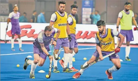  ?? PTI ?? Indian players train on the eve of their match against Australia at the Kalinga Hockey Stadium in Bhubaneswa­r on Thursday.